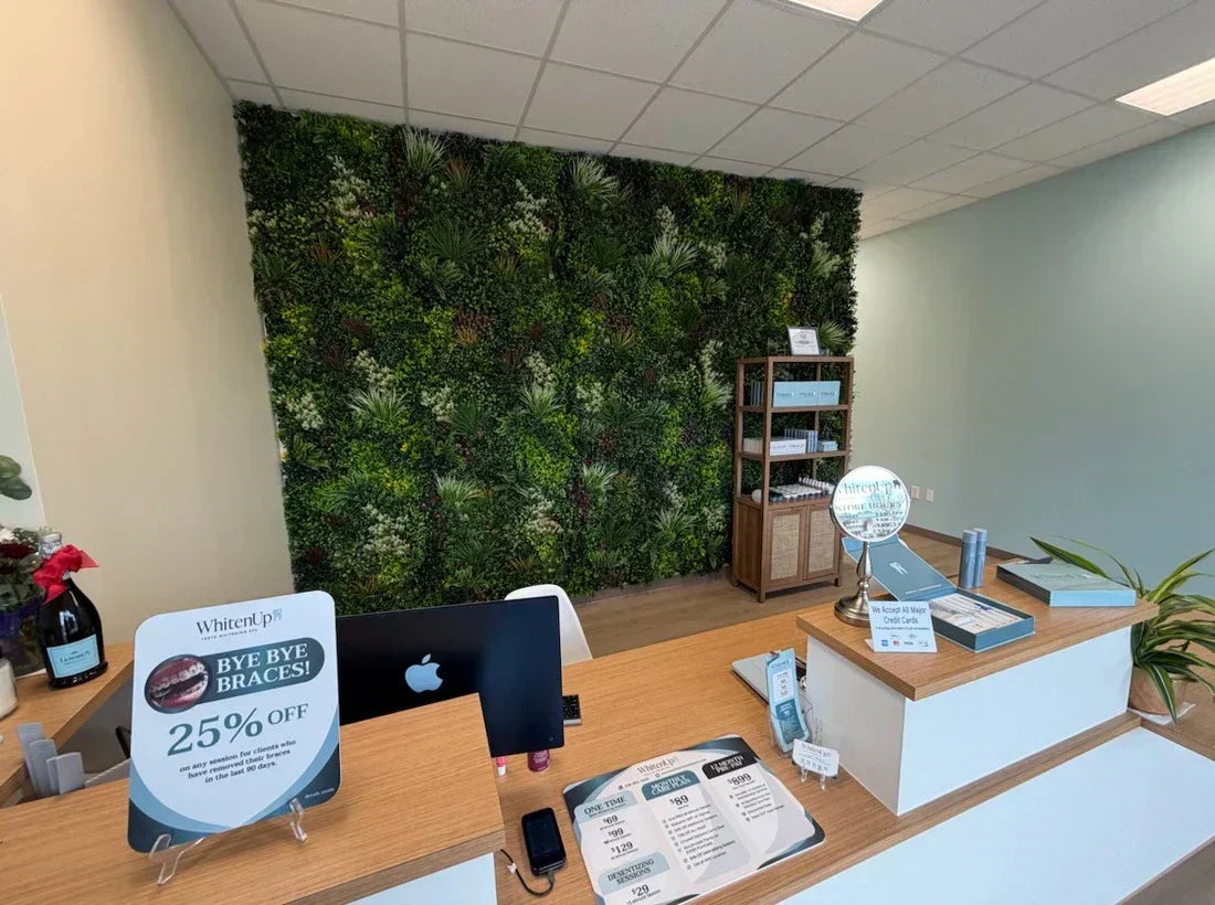 Artificial green wall in north carolina dental clinic reception desk area