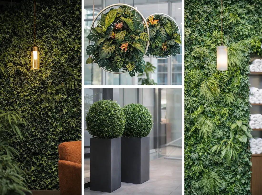 Collage of artificial green walls, suspended tropical planters, and boxed topiary balls in a modern interior