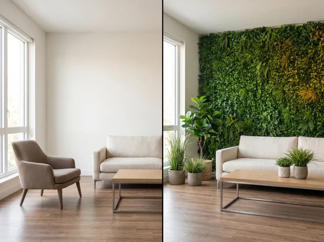 Modern living room interior design before after green wall transformation