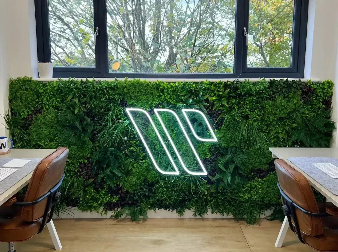 Office workspace vertical garden neon logo