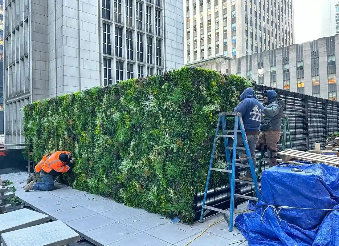 Crew installing artificial green wall panels on rooftop
