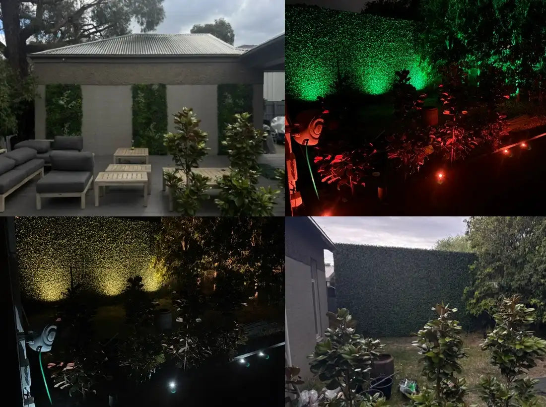 Four pictures of a yard makeover with artificial plants, we Designer Plants did for client