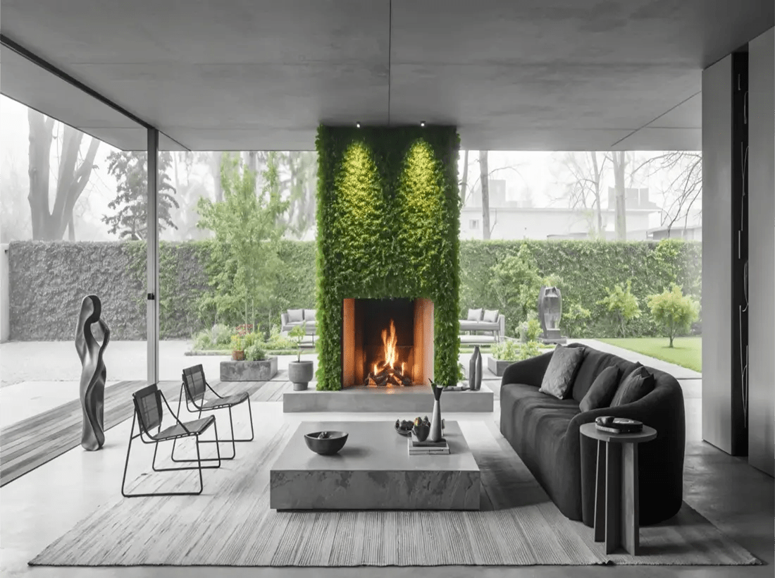 Inside vacation home styled with faux green walls and fireplace in the living room