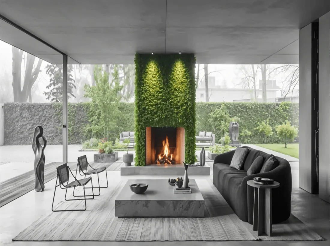 Inside vacation home styled with faux green walls and fireplace in the living room