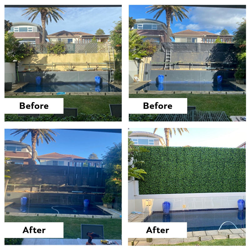 Before and after pictures showcasing the instant beauty of the Jasmine Artificial Green Wall 40" x 40" 11SQFT Commercial Grade UV Resistant surrounding a swimming pool.