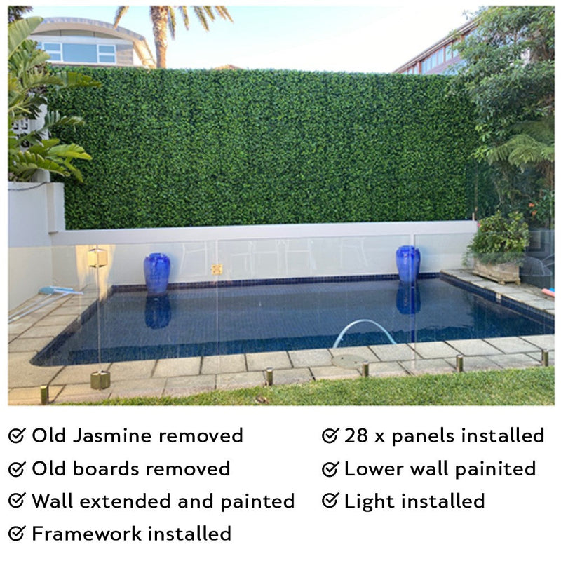 A picture of a pool with the Jasmine Artificial Green Wall 40" x 40" 11SQFT Commercial Grade UV Resistant.