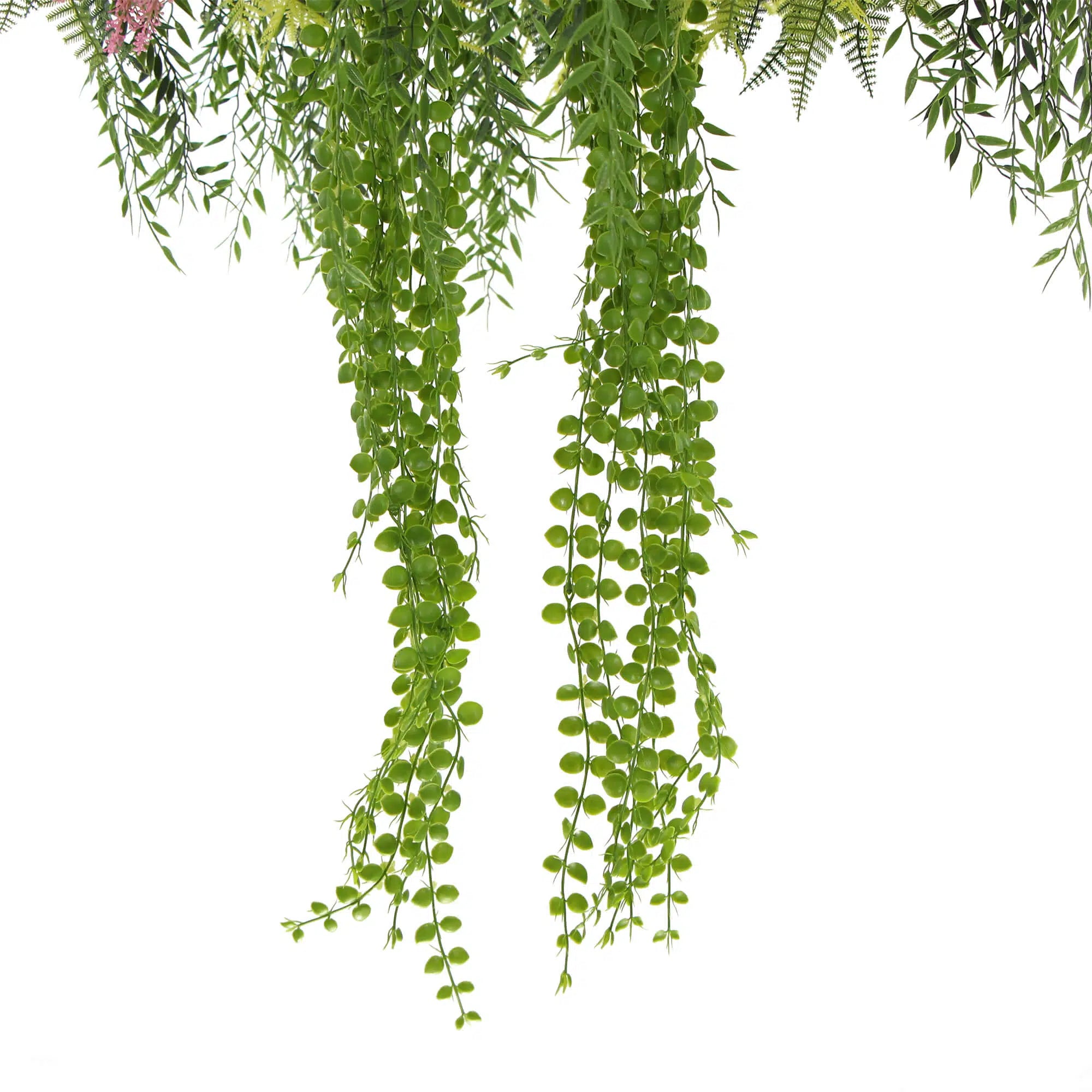 Artificial hanging plant disc with gold frame and faux pearls draping plants