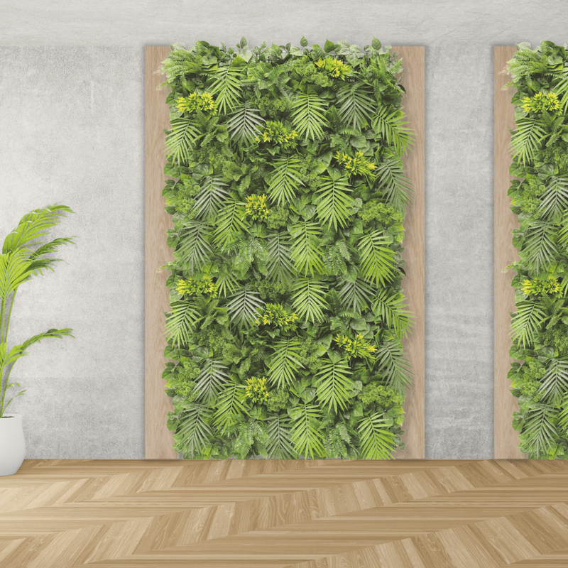 Flowering palm leaf vertical garden panels with UV proof leaves