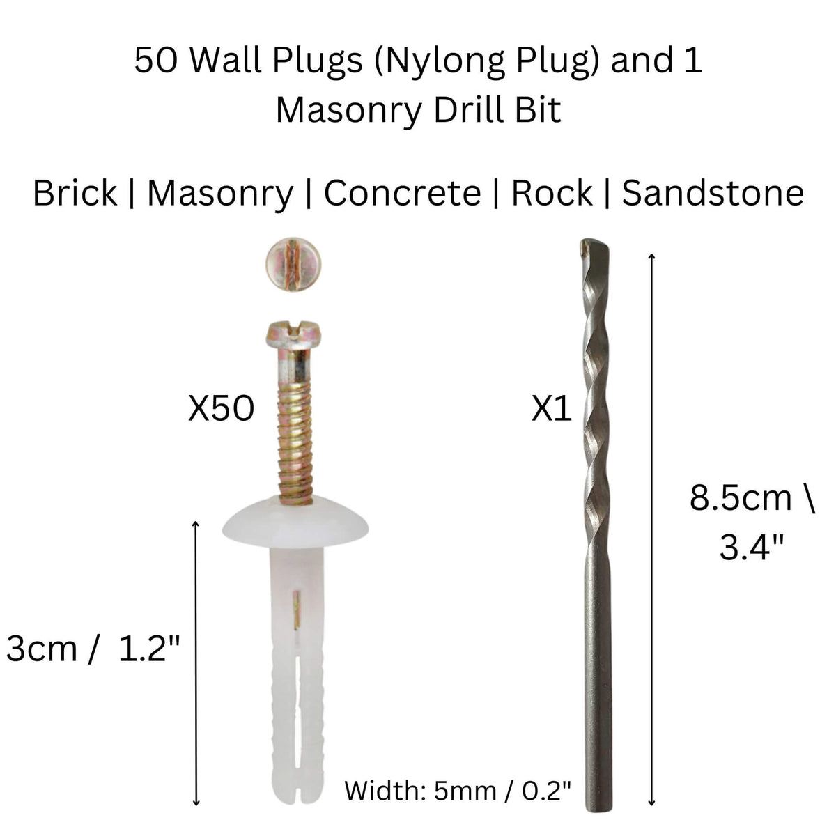 50 Piece Nylon Wall Plug & Masonry Drill Bit Installation Kit by Designer Plants USA