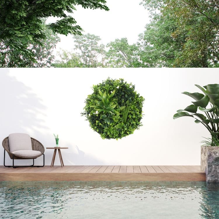 Slimline White Flowering Artificial Green Wall Disc 40in – White Frame – UV Resistant — Non Fire Resistant, UV Resistant