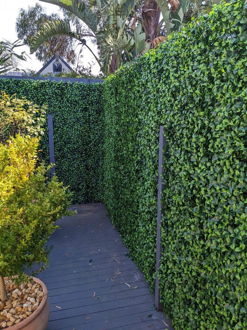 An enchanting garden adorned with a Jasmine Artificial Green Wall 40" x 40" 11SQFT Commercial Grade UV Resistant and an array of potted plants.