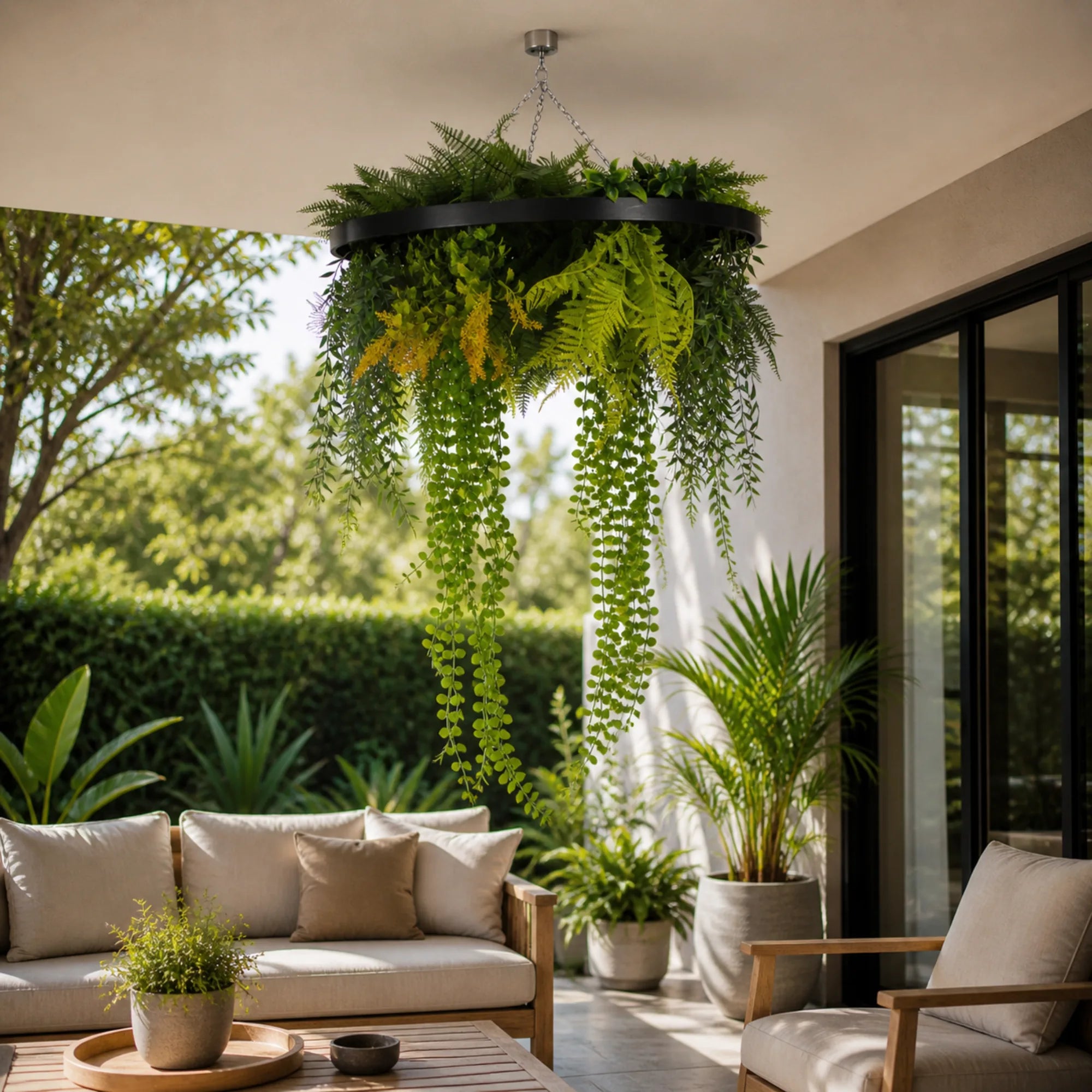 UV resistant artificial hanging green wall disc with draping vines and fern foliage styled in a contemporary outdoor patio seating area.