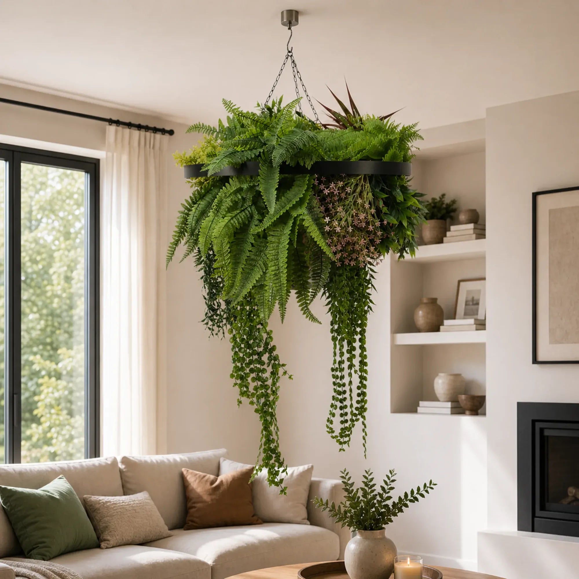 Black circular hanging plant chandelier with tropical foliage and draping greenery displayed in a modern indoor living room with natural sunlight and neutral decor.