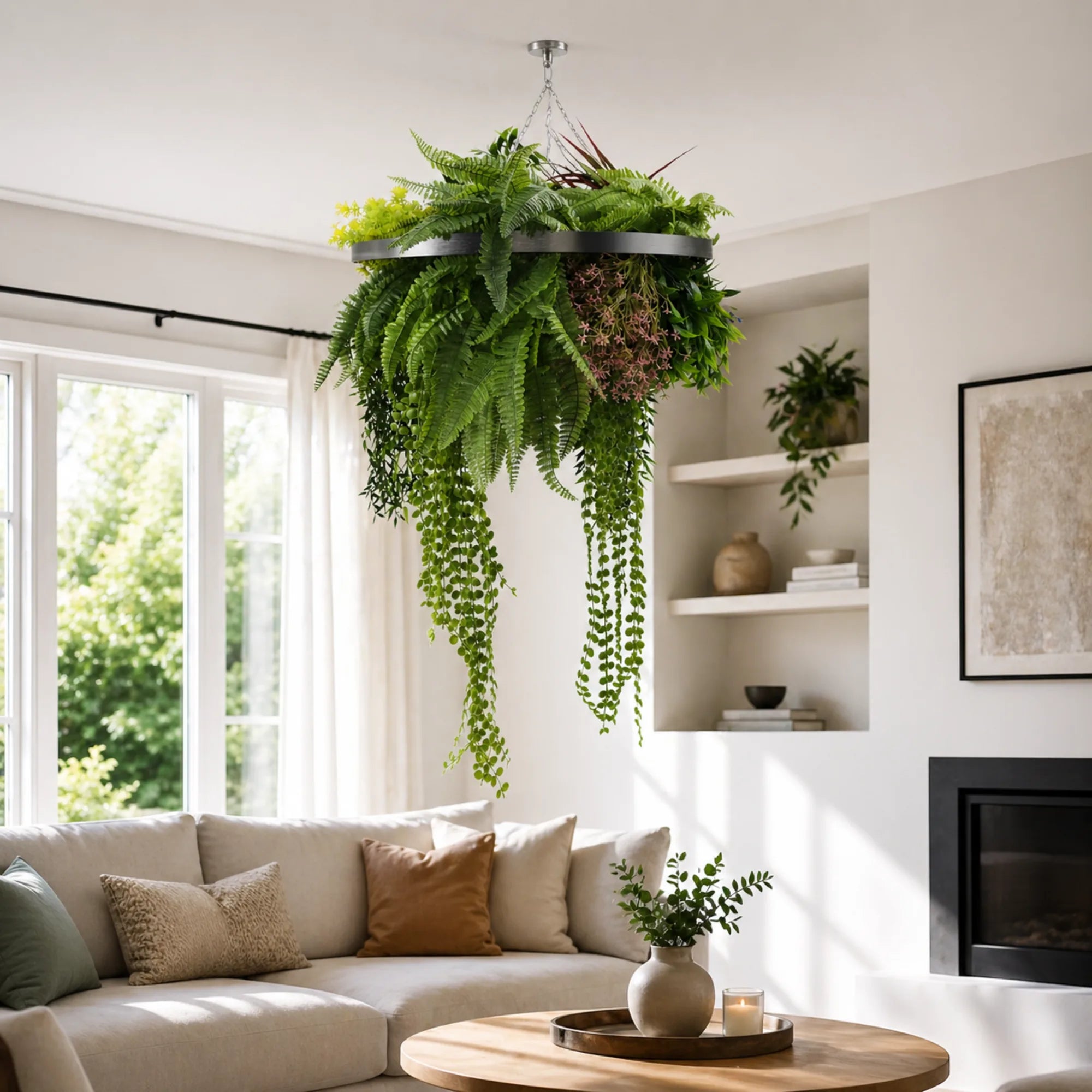 Silver framed artificial hanging plant chandelier with tropical greenery and cascading stems displayed in a bright modern living room with neutral decor and natural sunlight.