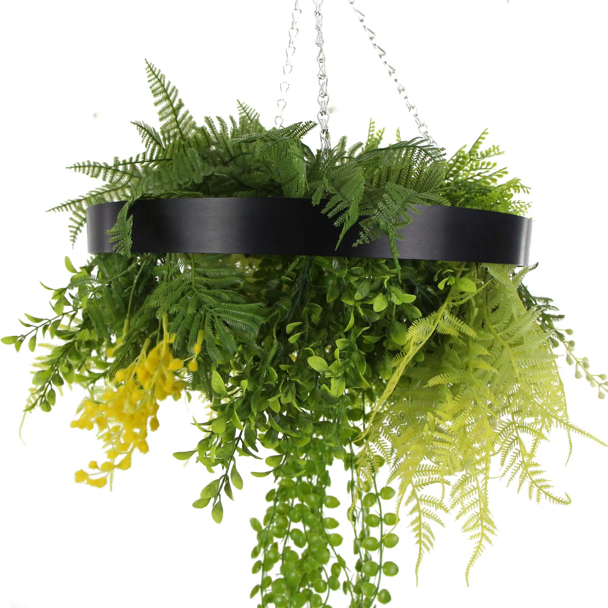 draping air plants Black Framed Roof Hanging Disc With Draping Faux Plants 15.5"