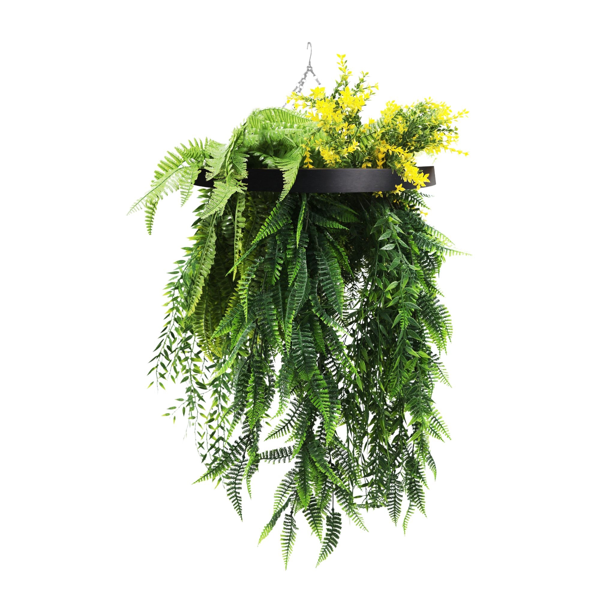 tropical hanging plants Black Framed Hanging Disc with Bright Tropical Foliage and Draping Ferns UV Resistant Small