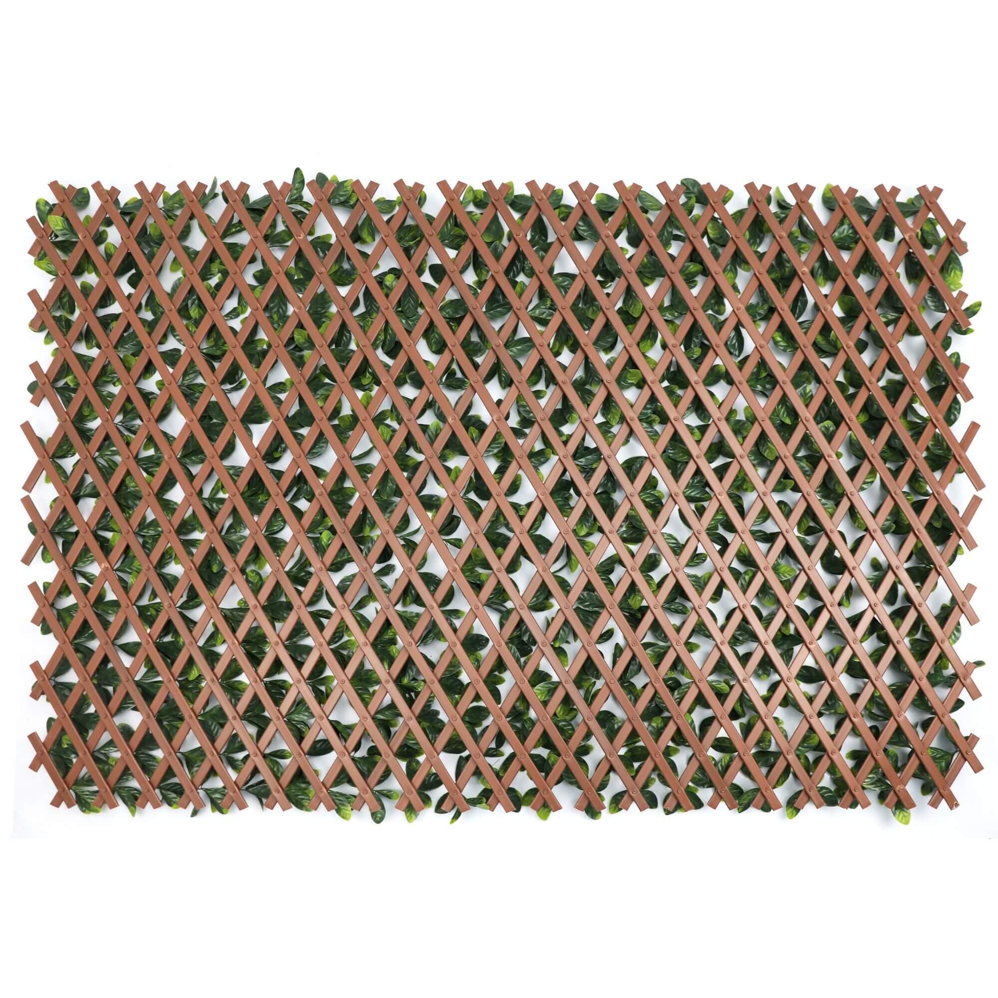 Expandable faux ficus leaf privacy fence with brown lattice and green leaves, UV resistant and adjustable size 72 x 36 inches.