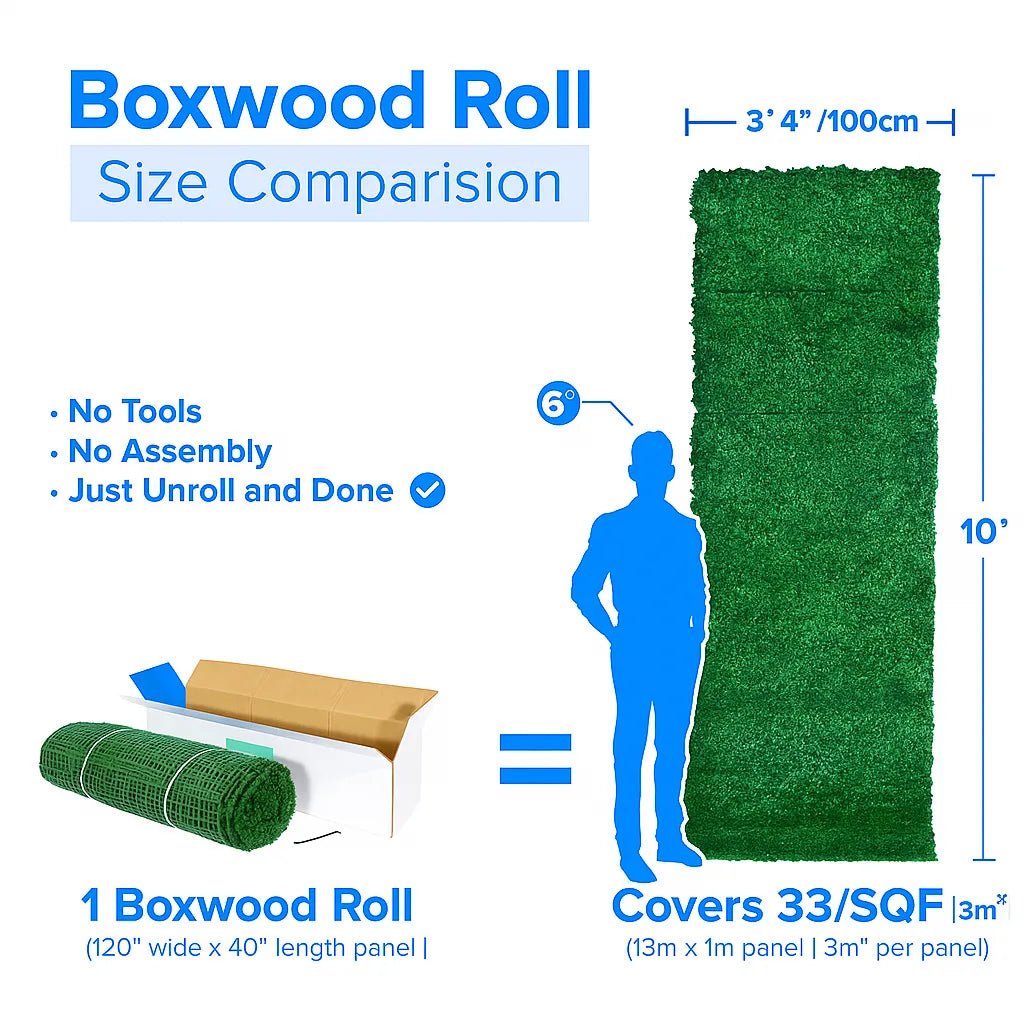 Living Walls: Boxwood Artificial Green Wall Roll 10ft×3.3ft 33 SQ FT – UV Resistant – Commercial Grade by Designer Plants USA