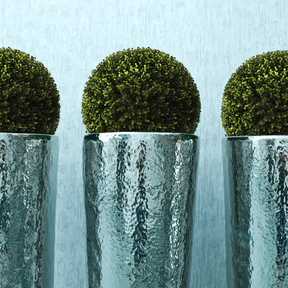 Faux Dense Boxwood Balls on silver planters