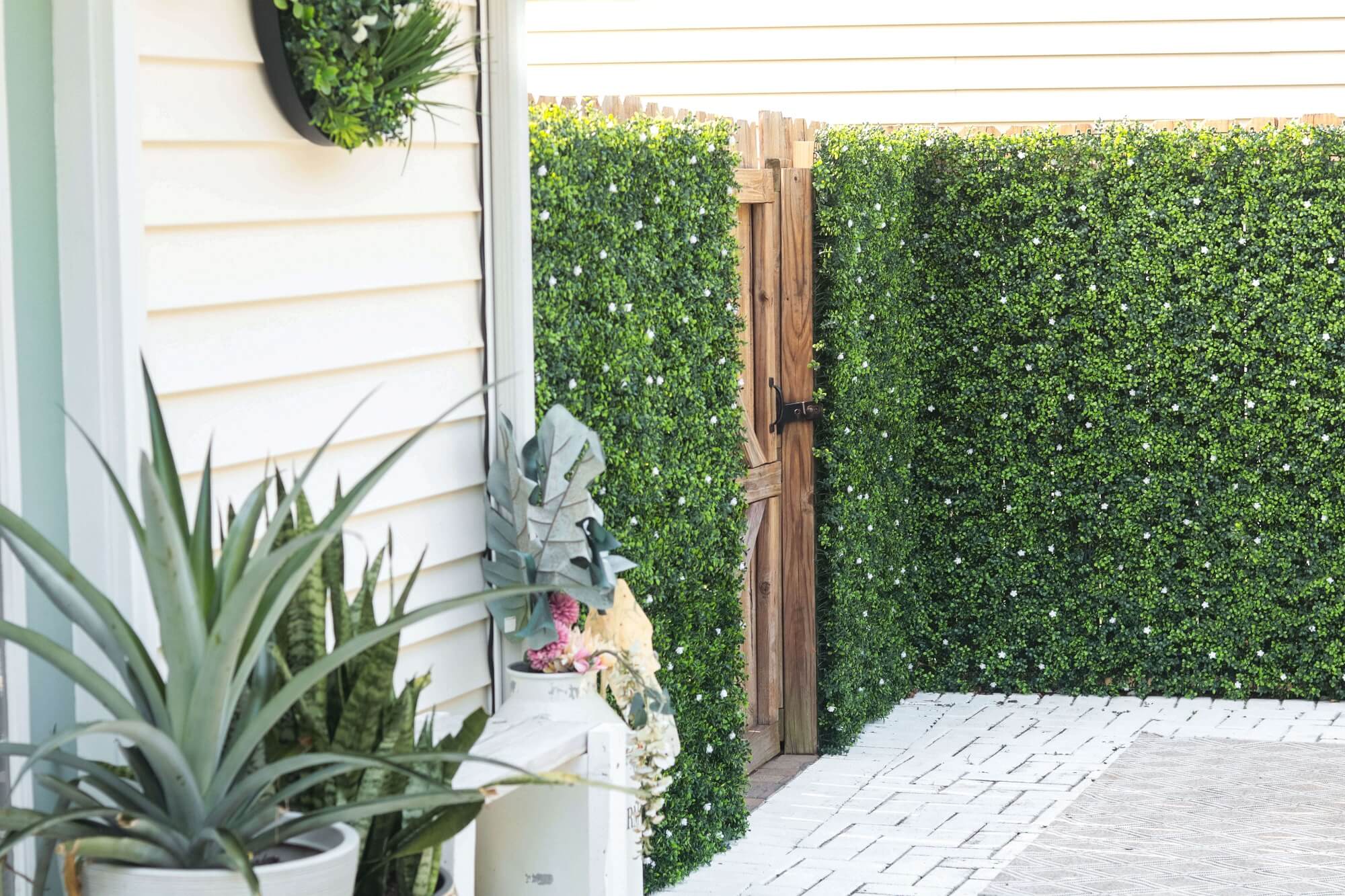 Pared de boj artificial con flores blancas 40" x 40" 11SQ FT resistente a los rayos UV
