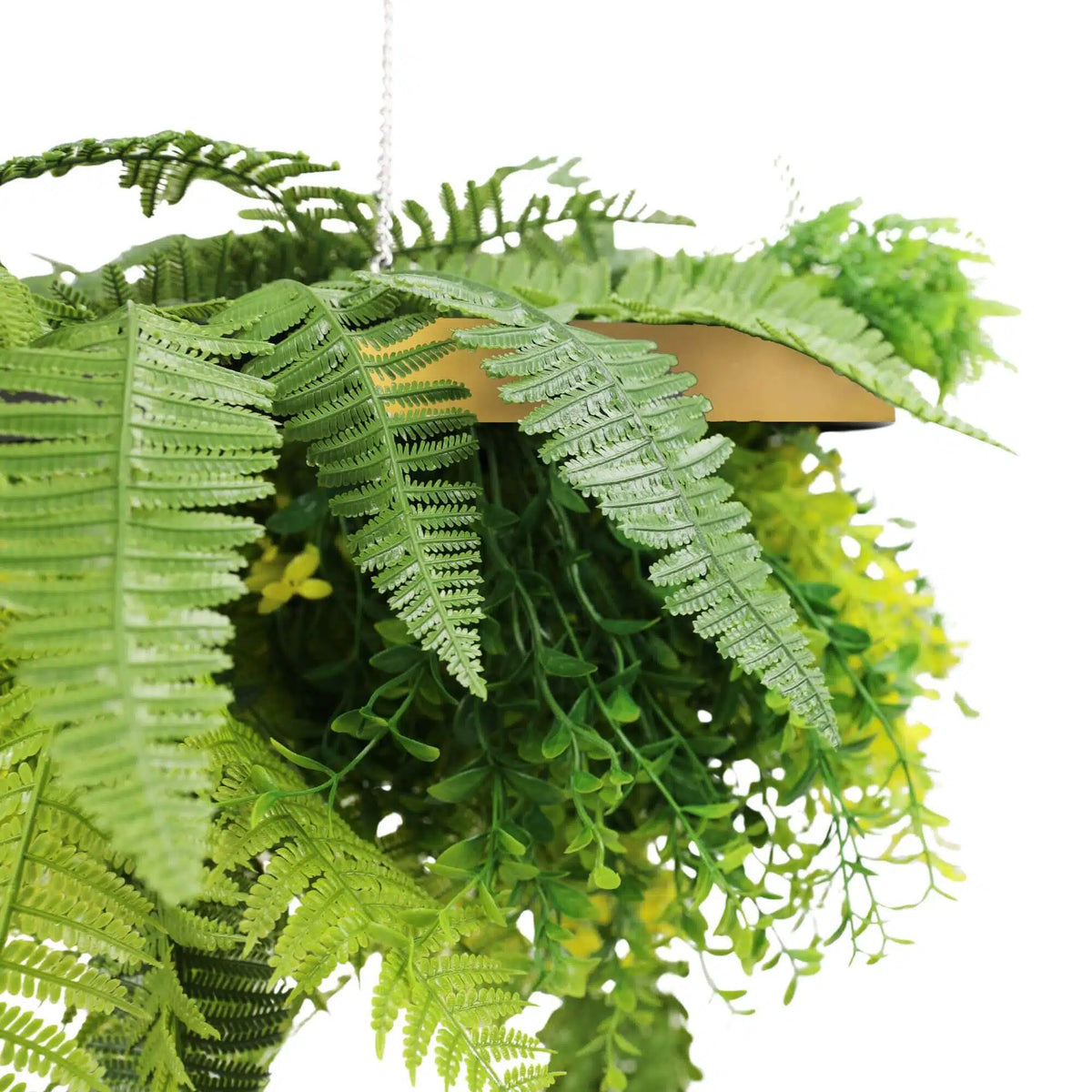Artificial Green Wall Disc 16in – Gold Frame – UV Resistant, Non Fire Resistant Artificial Hanging Plants & Bushes
