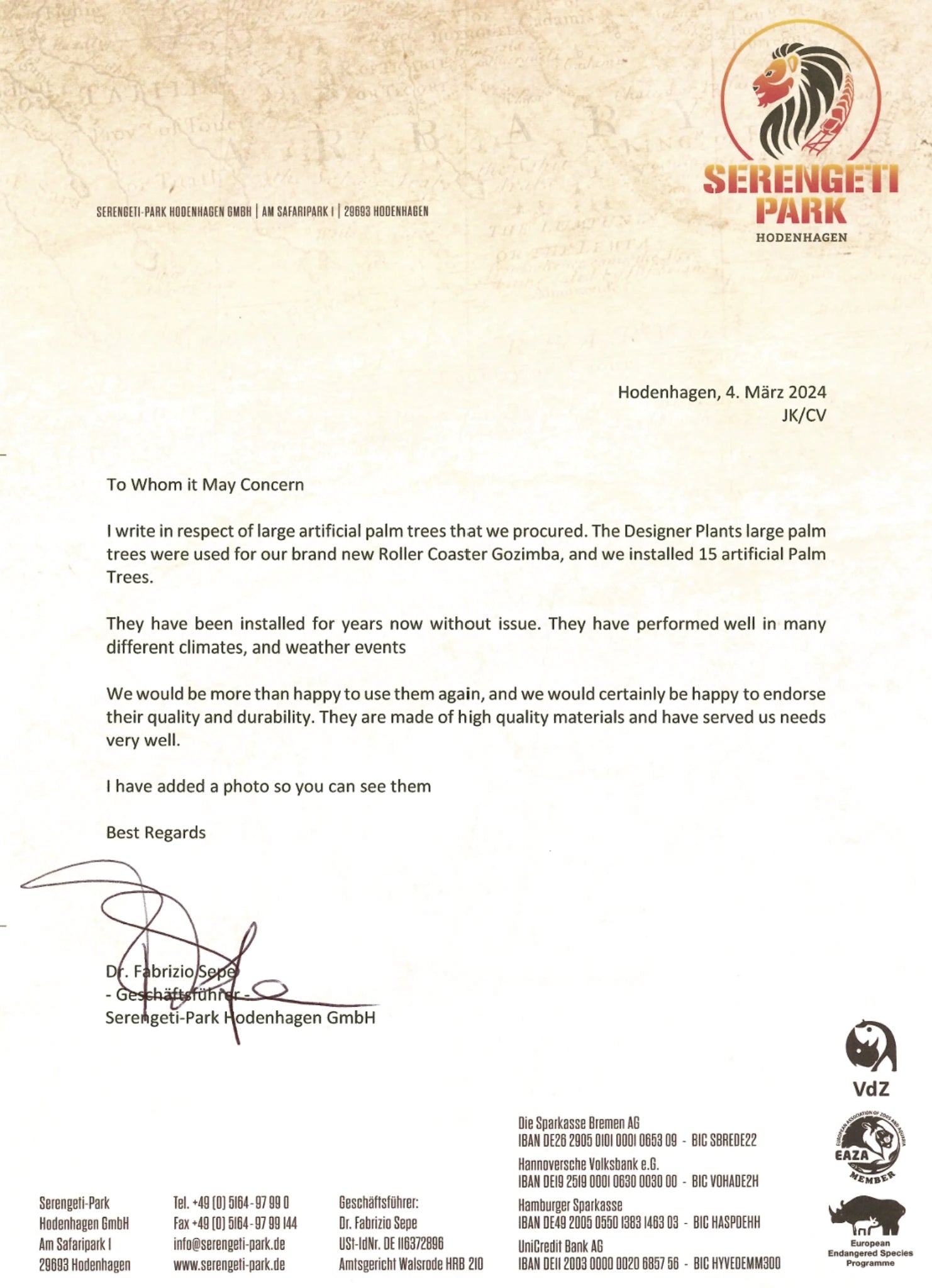 Letter from Serengeti Park about artificial palm trees used in a roller coaster, with park logo at top.