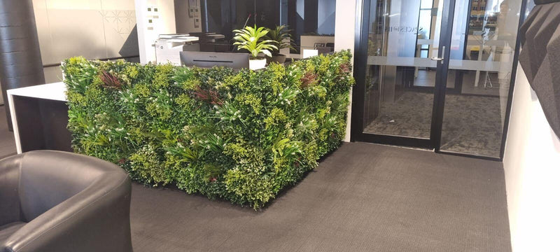 Premium Office Dividing Wall Panel Screen with Faux Plants along an Entranceway
