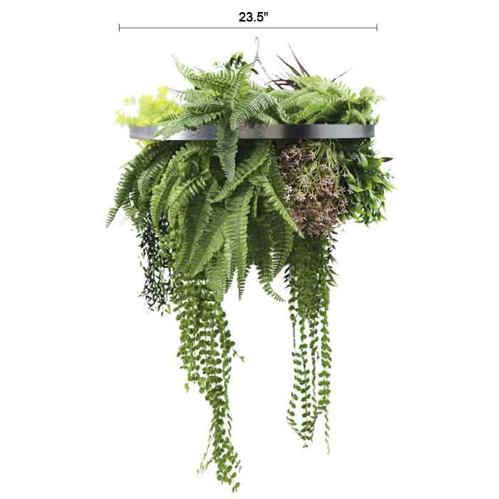 Silver Framed Roof Hanging Disc With Tropical Foliage Mix and Draping Stems UV Resistant Medium