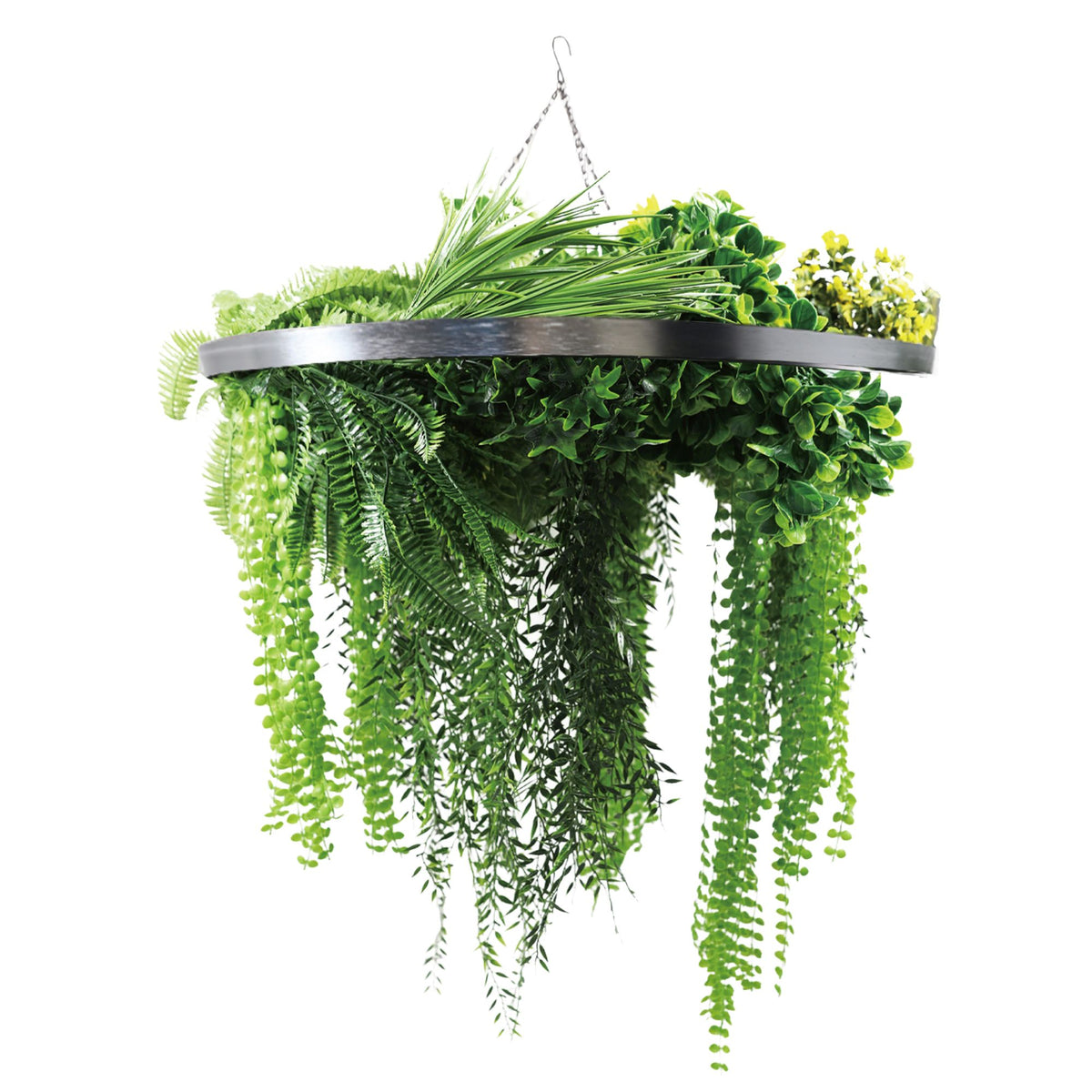 Artificial Hanging Plant Chandelier – Draping Fern Circular Ring (33in long) Silver Frame – UV Resistant by Designer Plants…