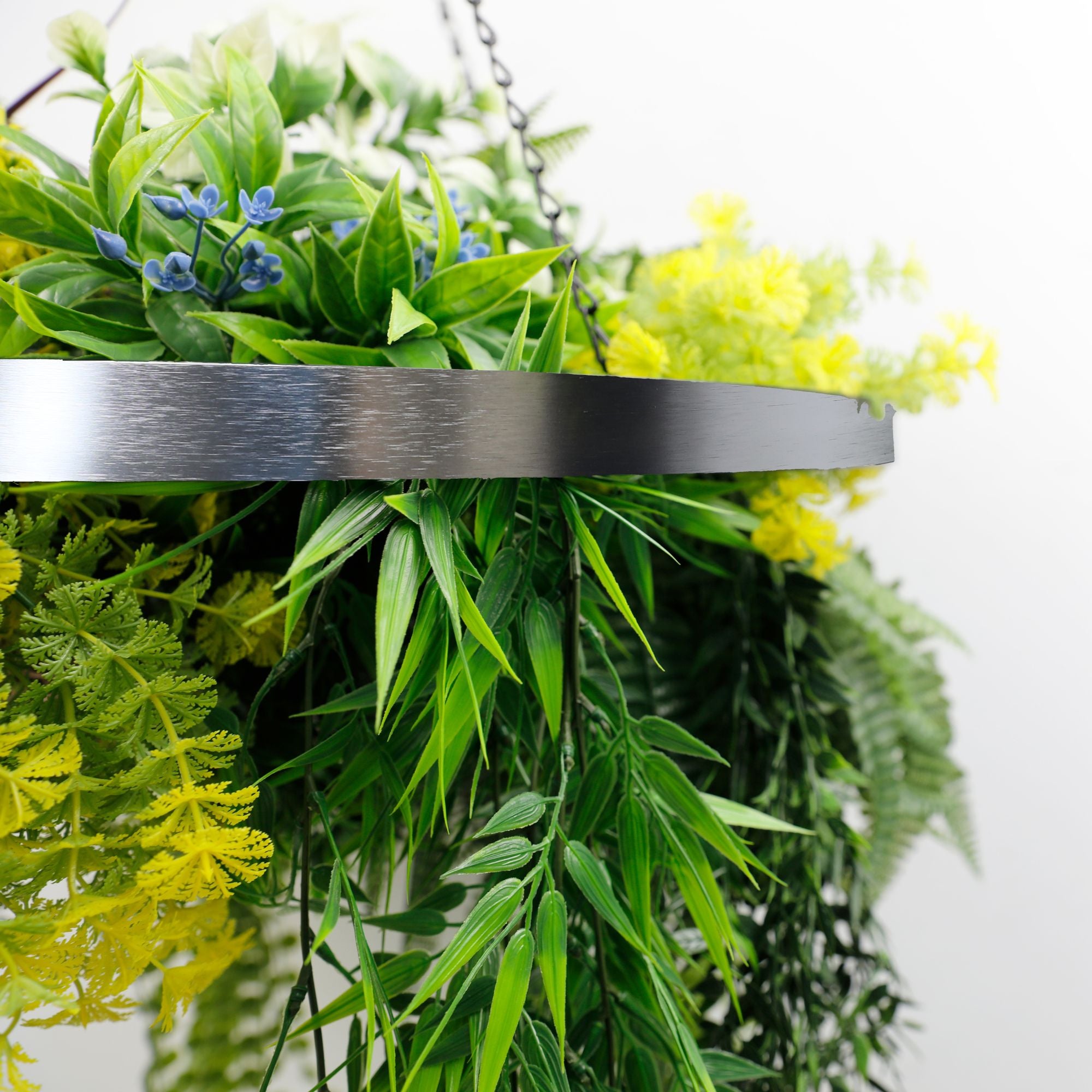 Silver Framed Roof Hanging Disc With Tropical Foliage Mix and Draping Stems UV Resistant Medium