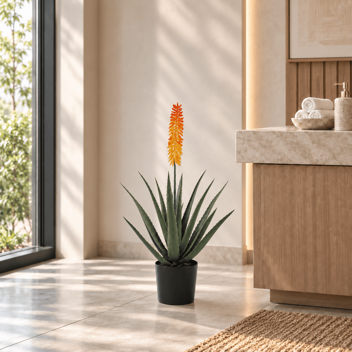 33.5-inch artificial Aloe Vera tree with orange flower displayed in an indoor spa setting