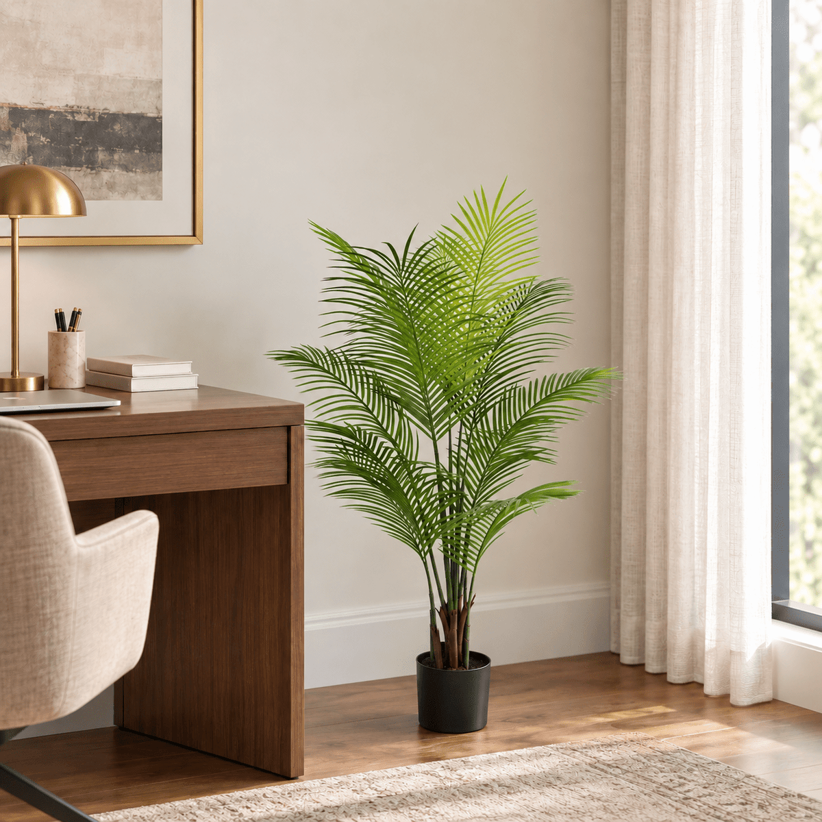 47.2-inch Areca Palm artificial tree in its black nursery pot beside a home office desk