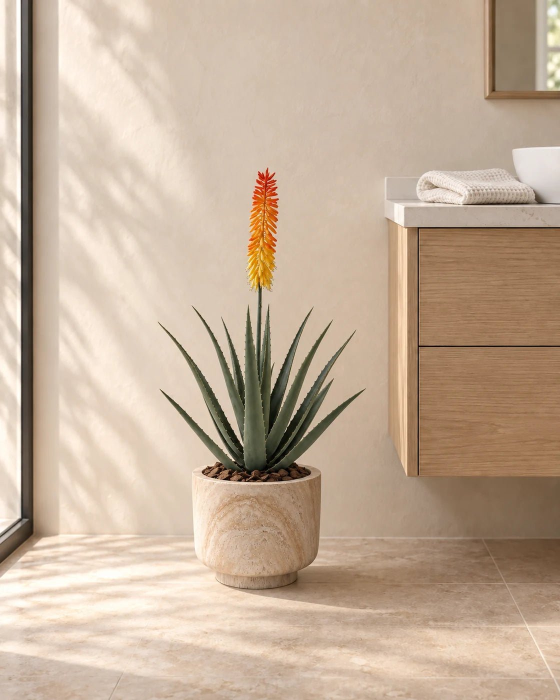 85 cm artificial Aloe Vera with an orange flower in a marble-effect pedestal planter beside an oak bathroom vanity.