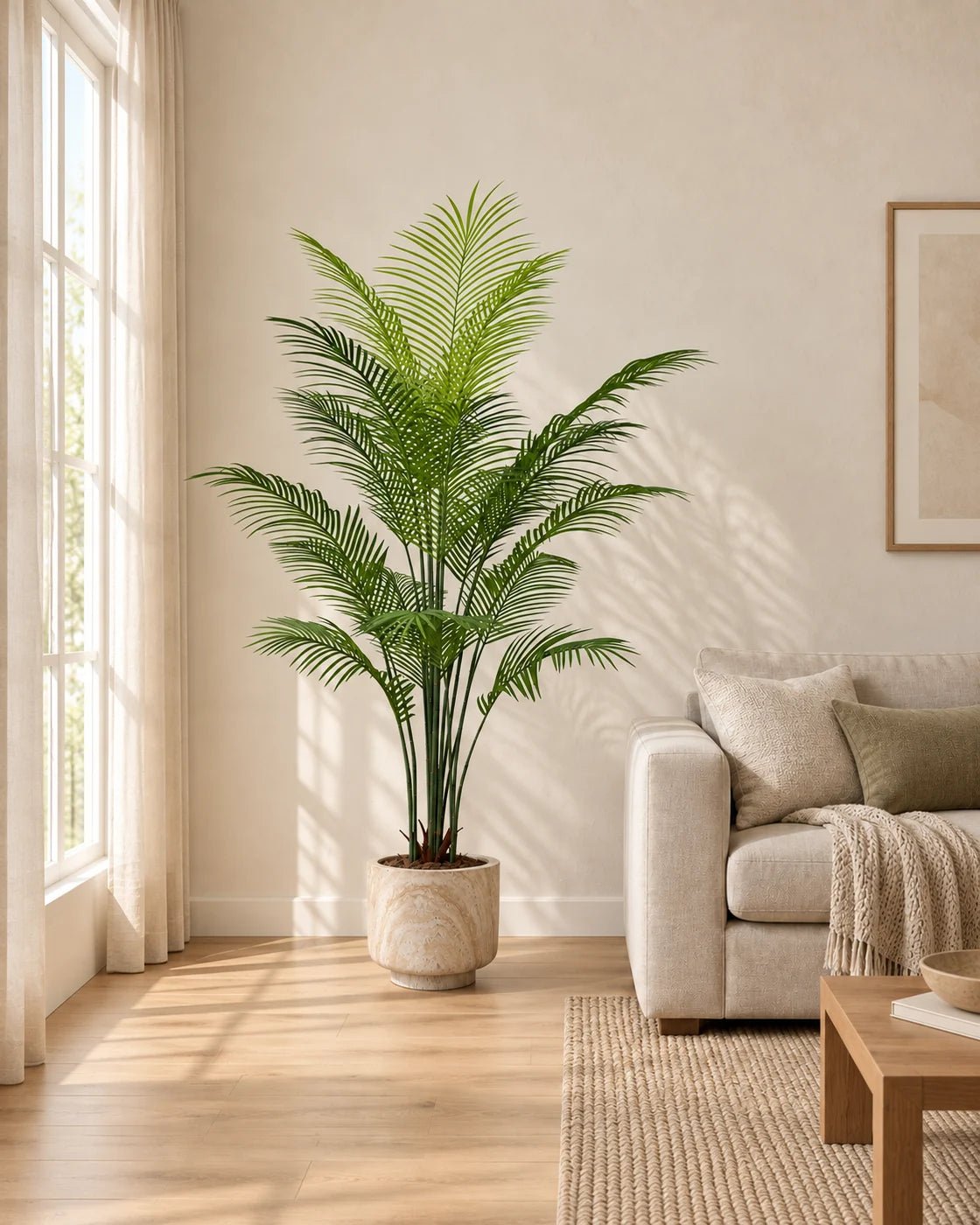 180 cm artificial Areca Palm in a marble-effect pedestal planter beside a linen sofa in a sunlit living room.