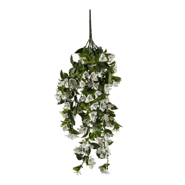 A (5 Pieces) Hanging White Artificial Bougainvillea Plant UV Resistant 35" with a white flower on a white background.