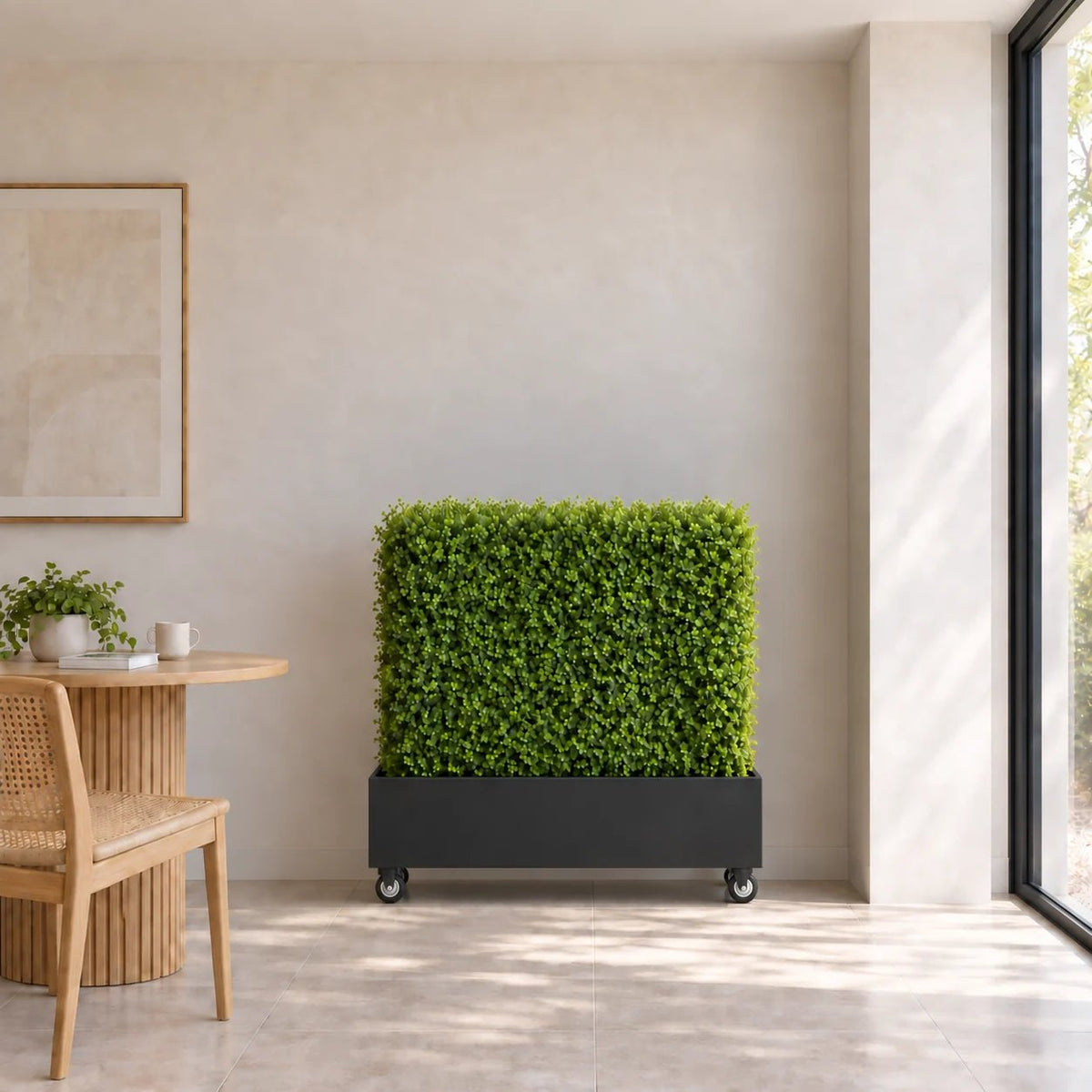Black metal planter with artificial boxwood hedge in a bright sunroom