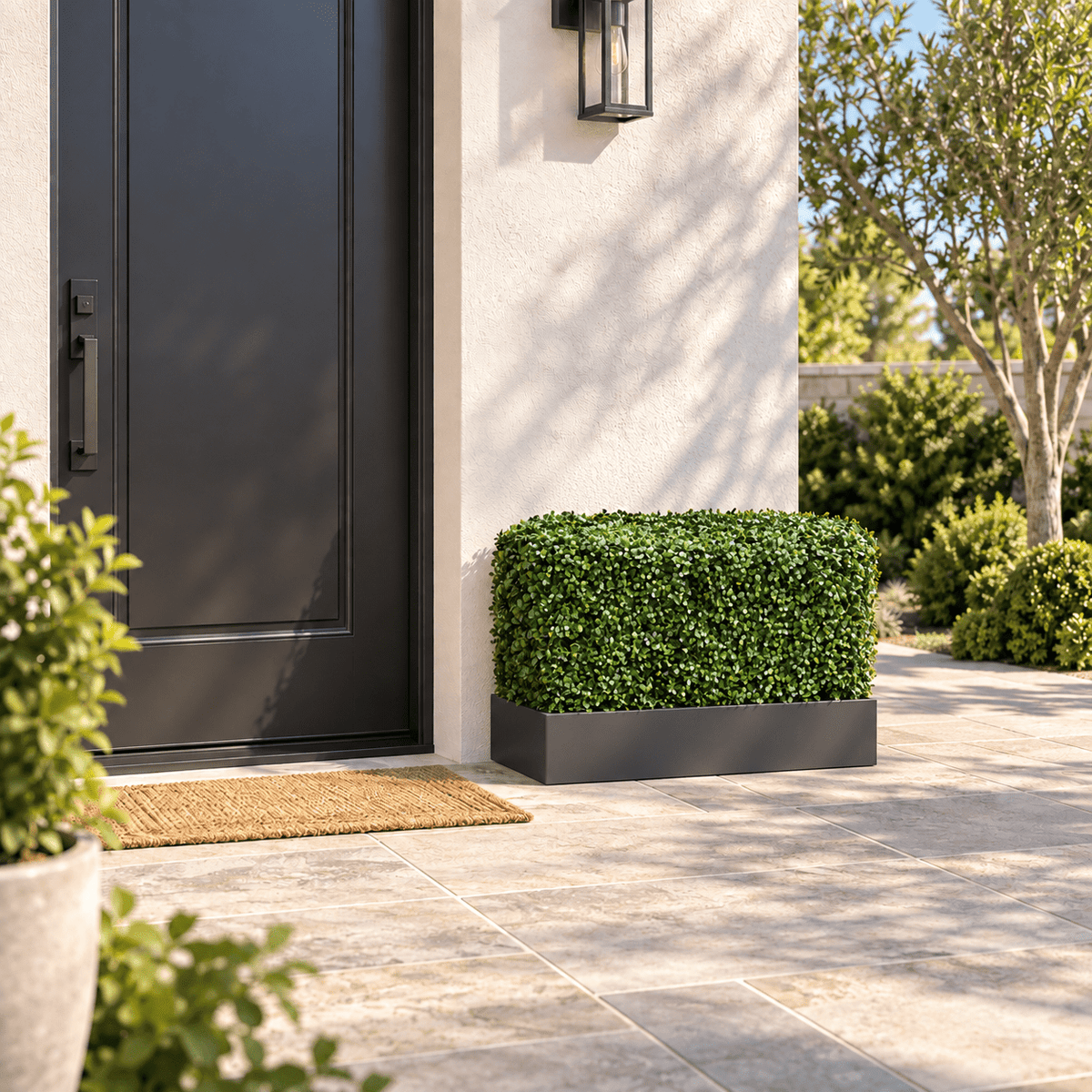 40 by 20-inch UV-resistant two-tone boxwood artificial hedge installed beside an outdoor entry door