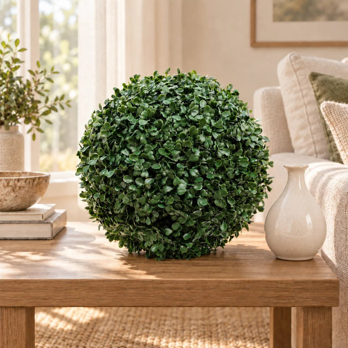 Artificial boxwood topiary ball on a timber coffee table