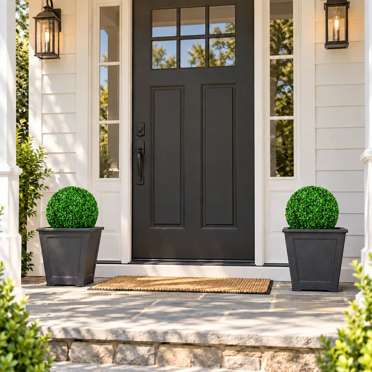 Set of two 11-inch UV-resistant artificial boxwood topiary balls at a US front entry