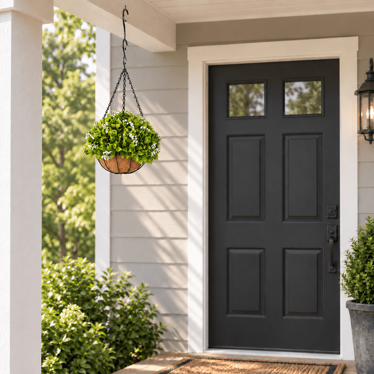 18-inch UV-resistant artificial wide-leaf Buxus flowering hanging basket on a covered porch