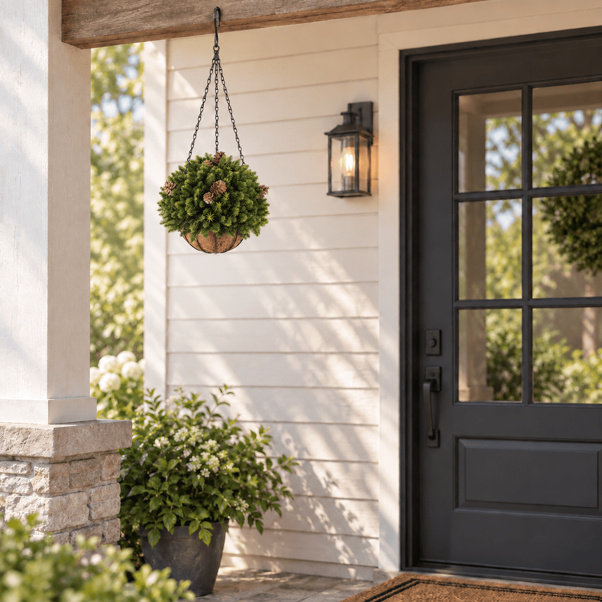 18-inch UV-resistant artificial cedar and pine-cone hanging basket on a covered porch