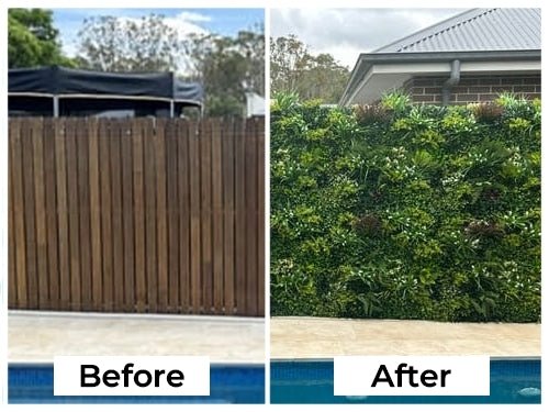 A before and after picture of a fence transformed with the Ultra-Luxury Lush Spring Artificial Vertical Garden Green Wall featuring UV protection technology.
