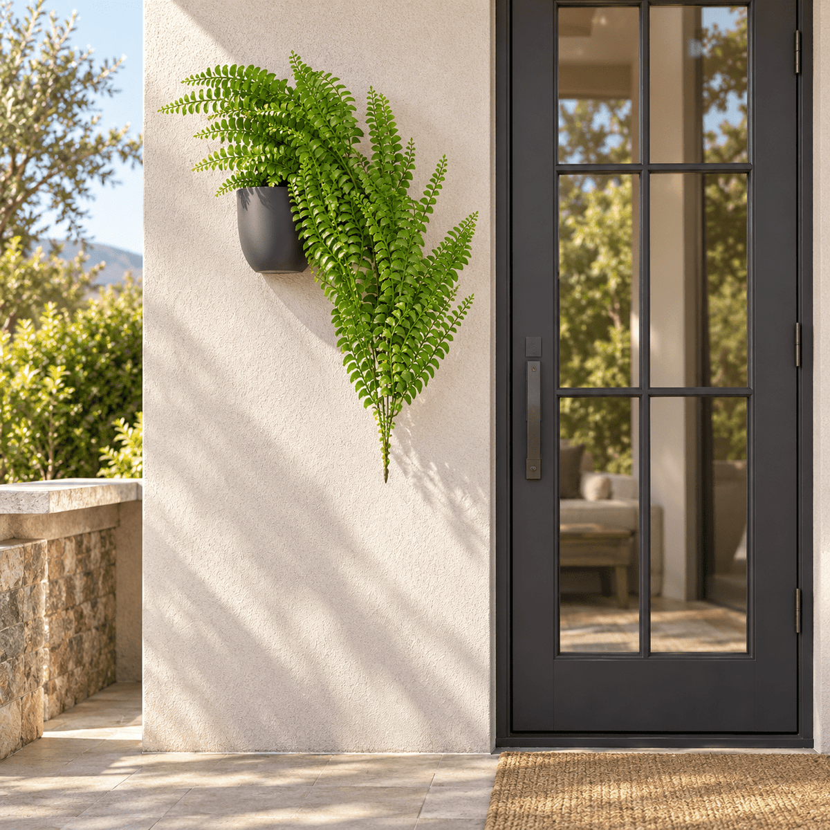 31-inch UV-resistant dark green button fern artificial hanging plant on a sheltered terrace