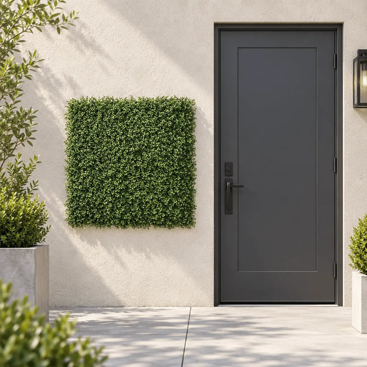 Dense Lush Boxwood artificial vertical garden panel installed outdoors at realistic 40 by 40 inch scale