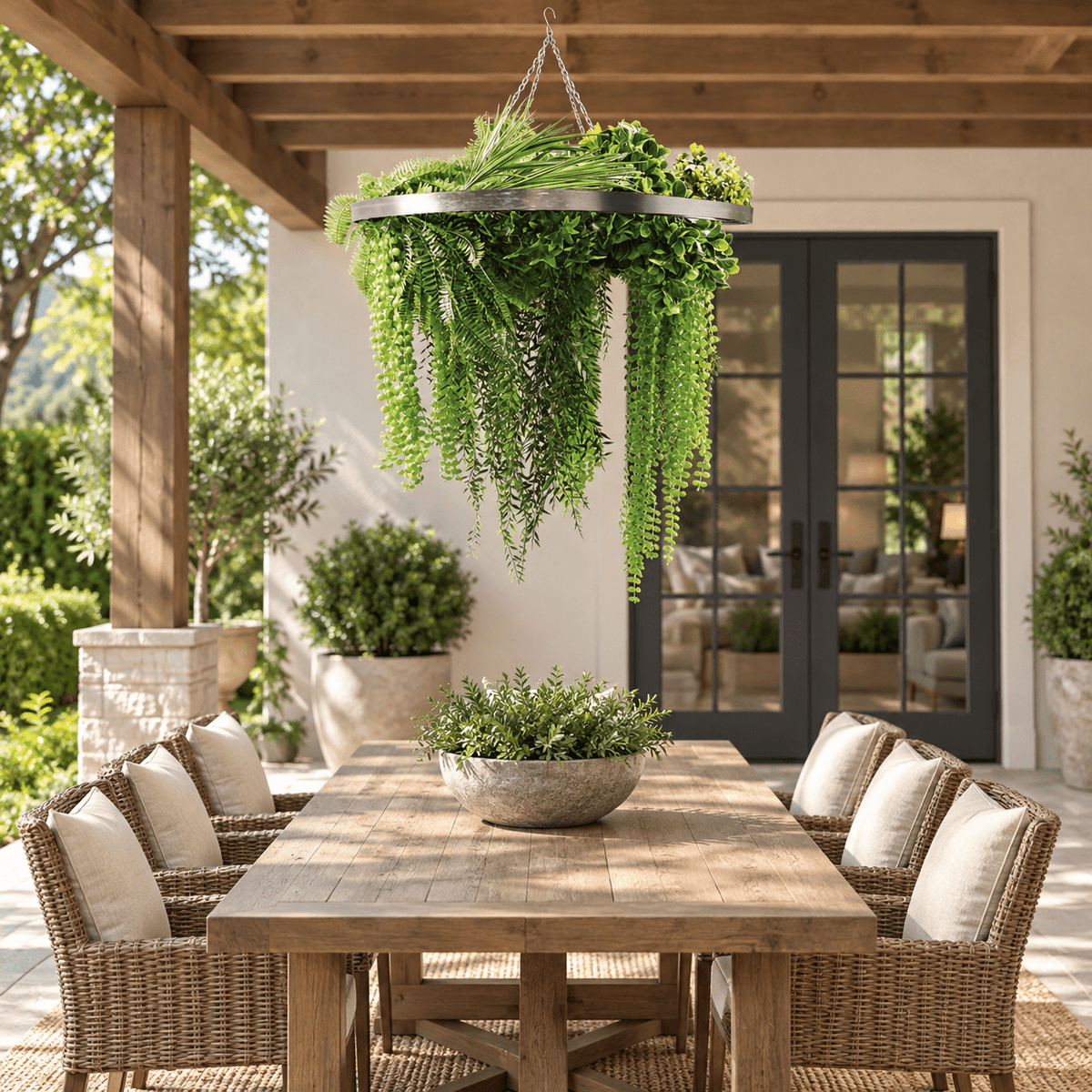 33-inch UV-resistant draping fern artificial plant chandelier suspended over an outdoor covered dining table