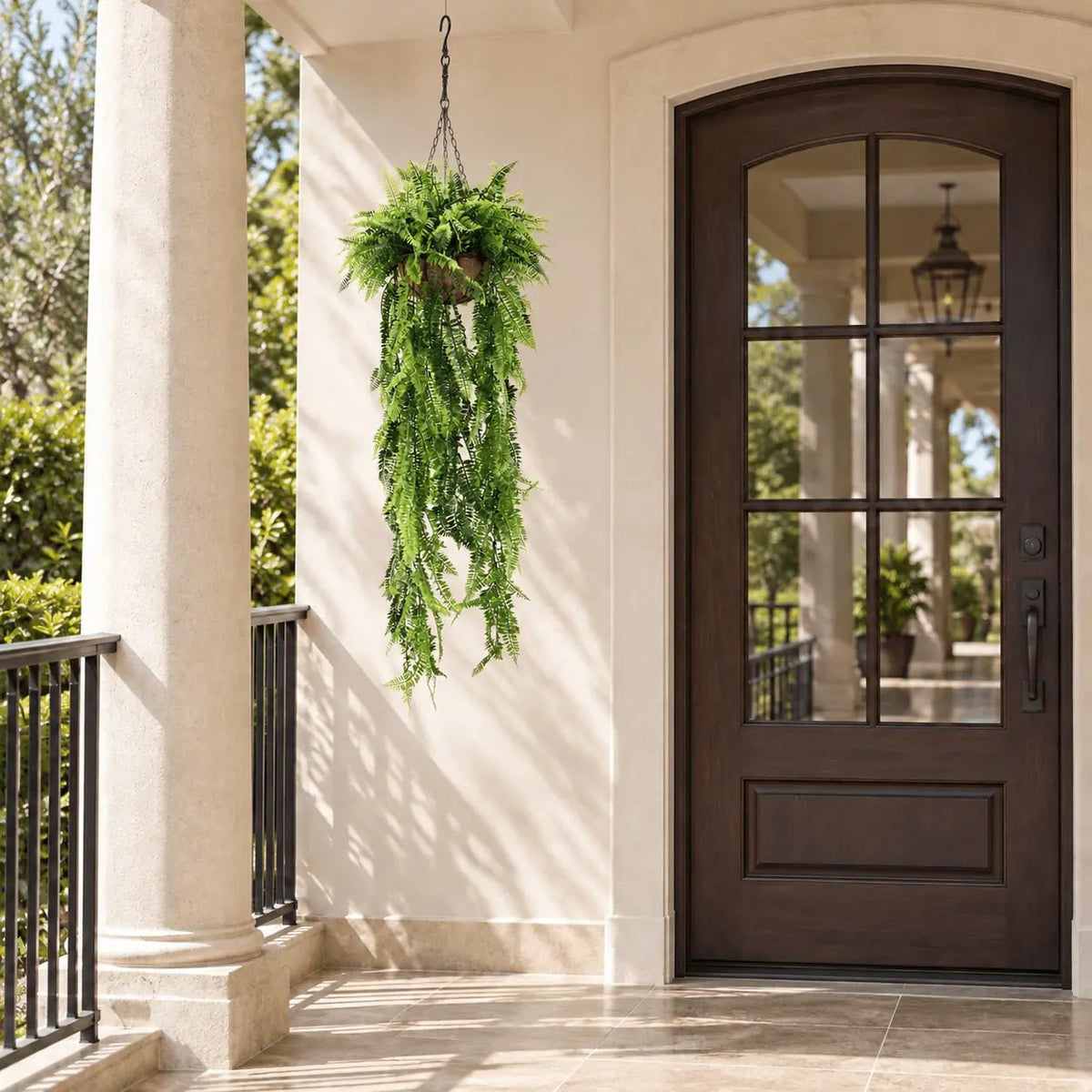 13.8 by 49.2-inch UV-resistant fern artificial hanging basket on a sheltered outdoor veranda