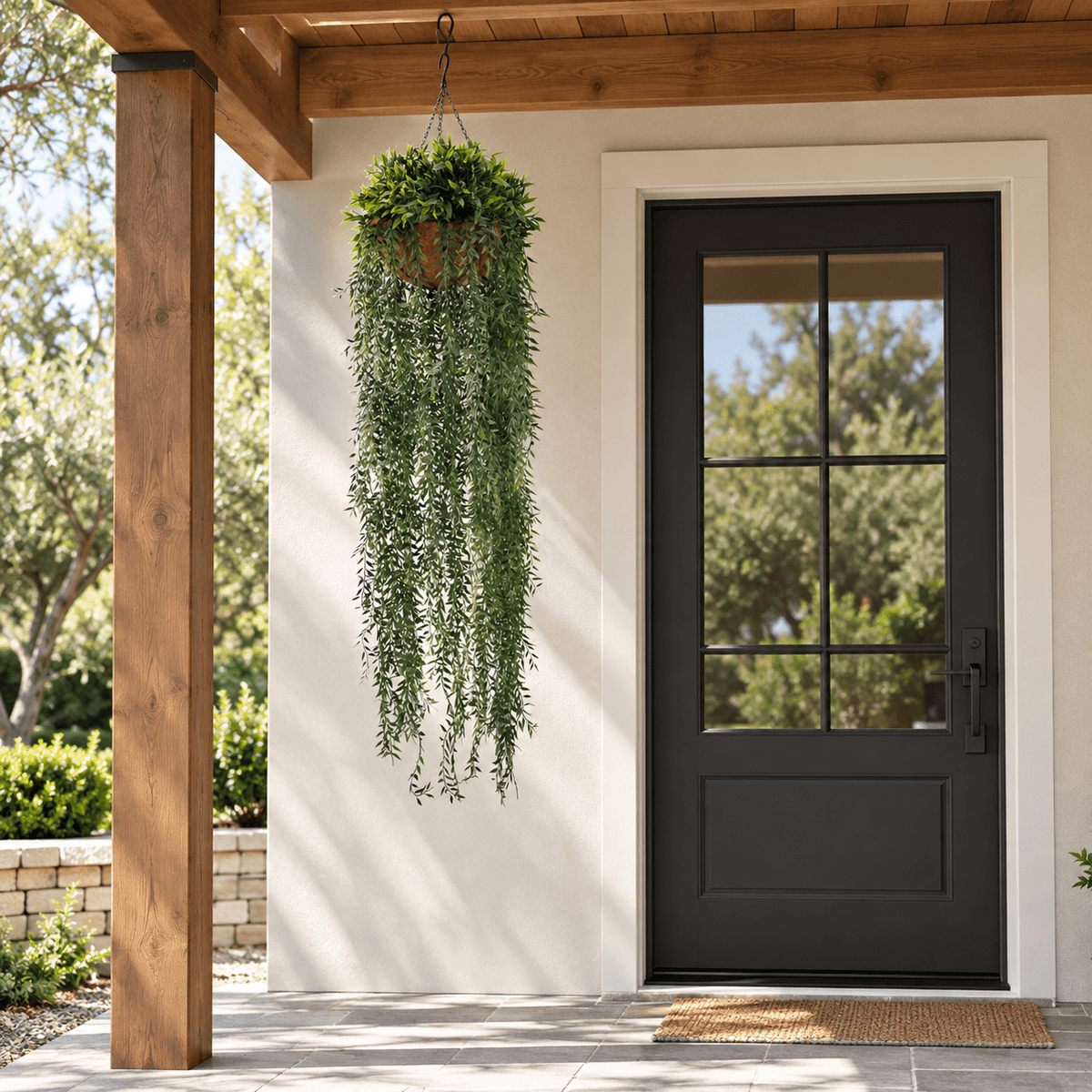 13.8 by 55.1-inch UV-resistant fern artificial hanging basket beneath an outdoor pergola