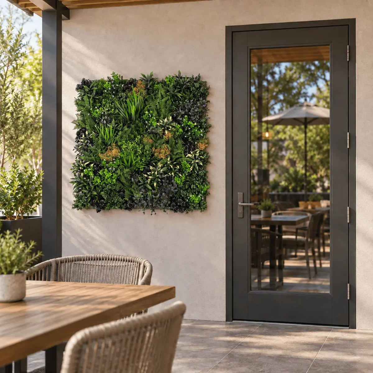 NFPA 701 Floral Fusion artificial vertical garden panel installed outdoors at realistic 40 by 40 inch scale