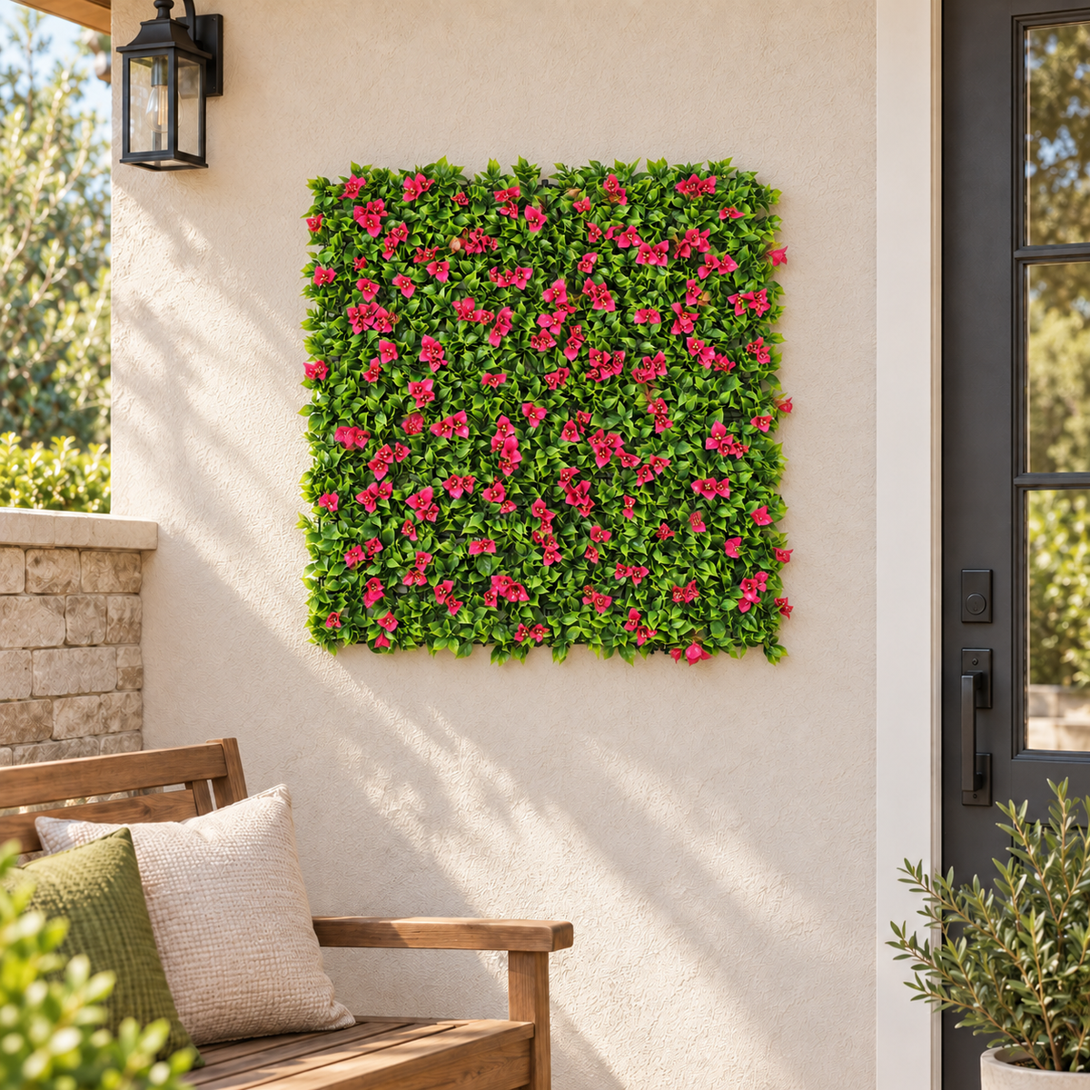 Flowering Pink artificial vertical garden panel installed outdoors at realistic 40 by 40 inch scale