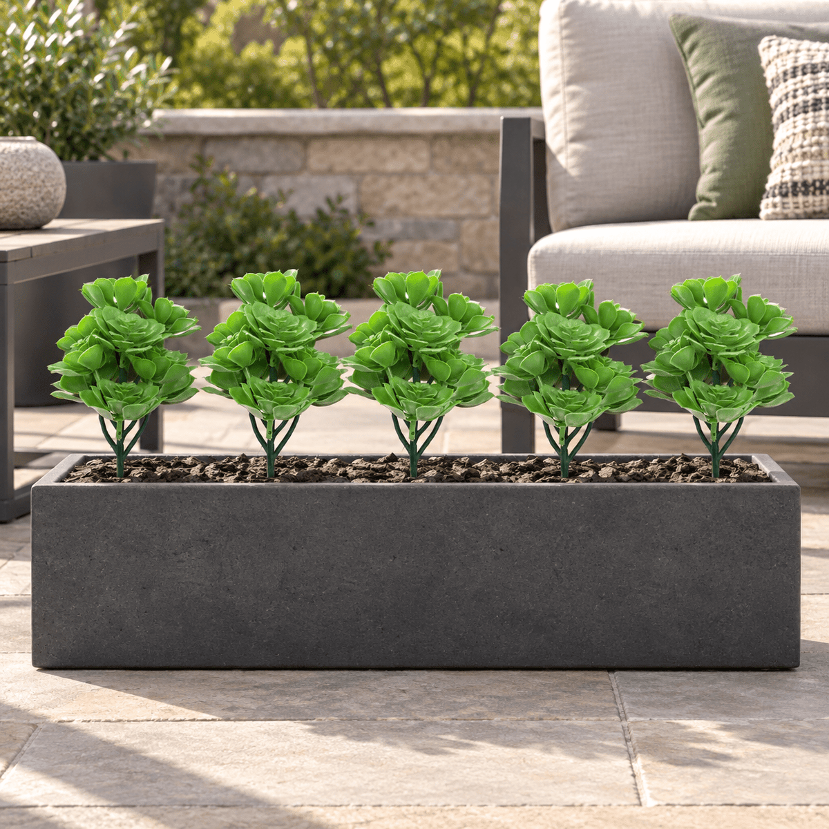 Set of five 11.8-inch UV-resistant green artificial aeonium stems installed in an outdoor planter